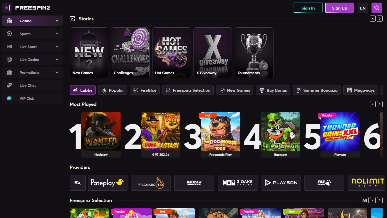 Freespinz Casino games interface on desktop