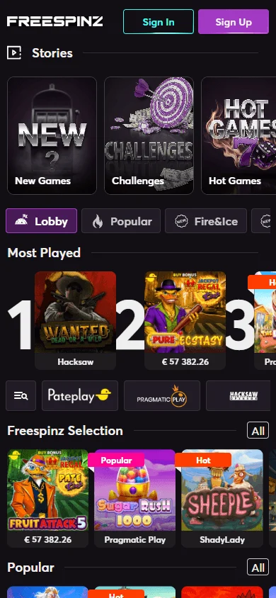 Freespinz Casino games interface on a mobile device