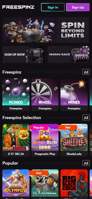 Freespinz Casino home interface on a mobile device