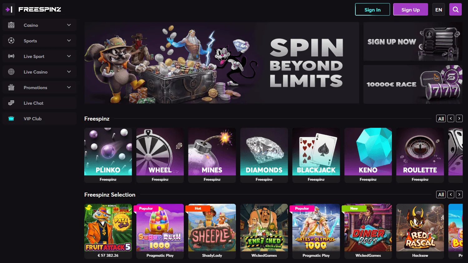 Freespinz Casino home interface on desktop
