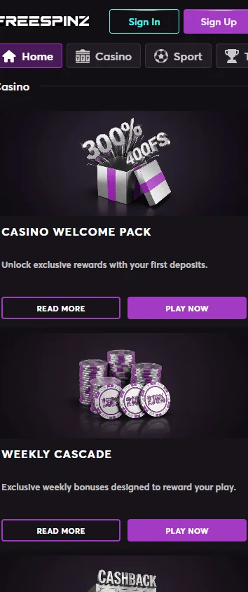 Freespinz Casino promotions interface on a mobile device