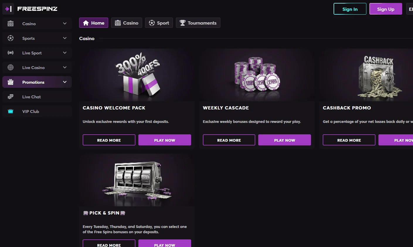 Freespinz Casino promotions interface on desktop